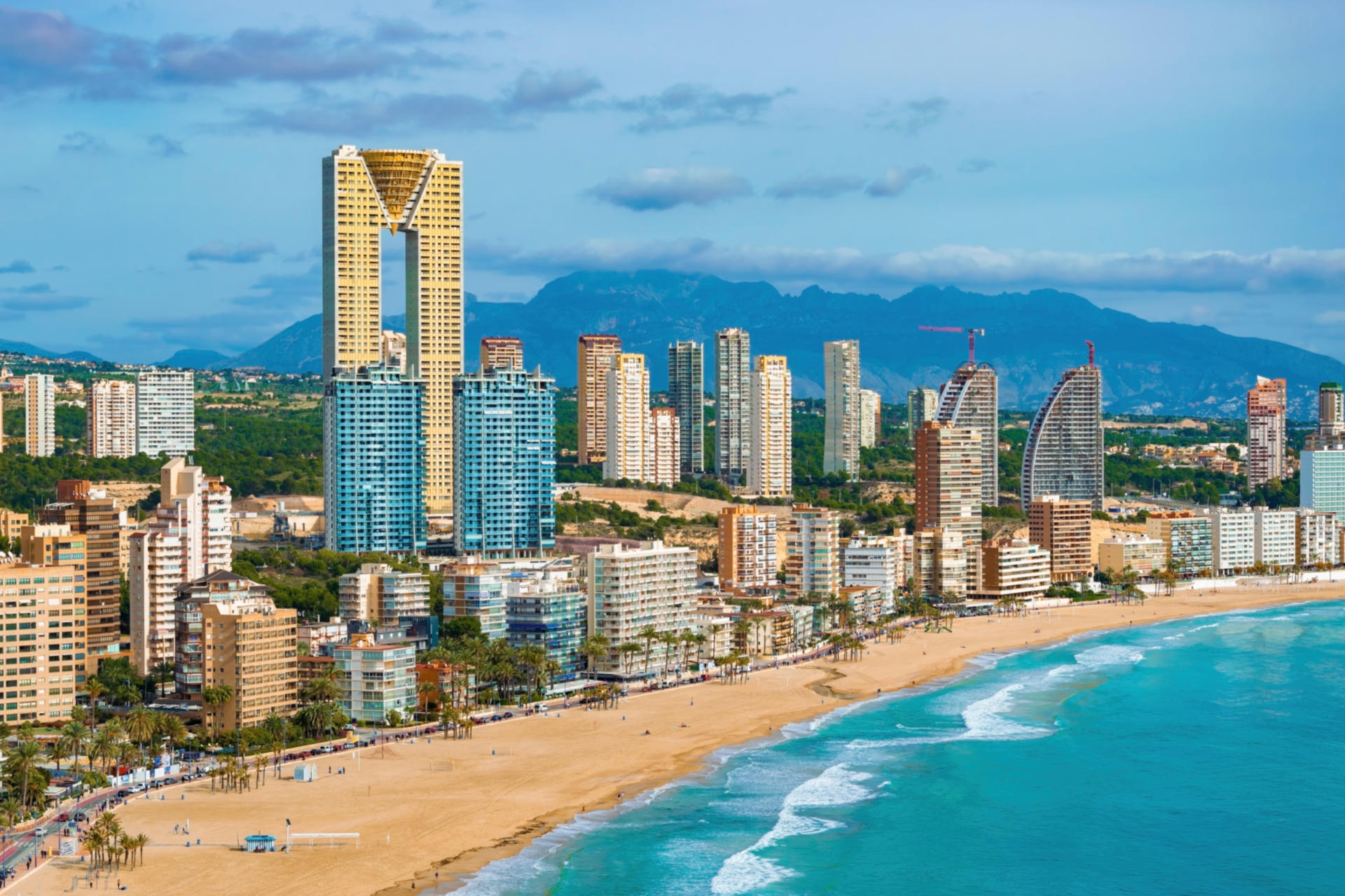 Benidorm, Costa Blanca, Spain. Poniente beach. Panoramic view of Benidorm. Cityscape of Benidorm city.